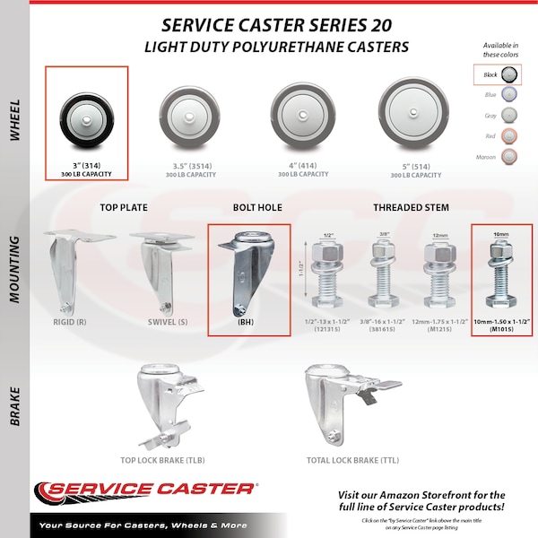 Service Caster 3 Inch Black Polyurethane Wheel Swivel 10mm Threaded Stem Caster Set SCC SCC-TS20S314-PPUB-BLK-M1015-4 - main